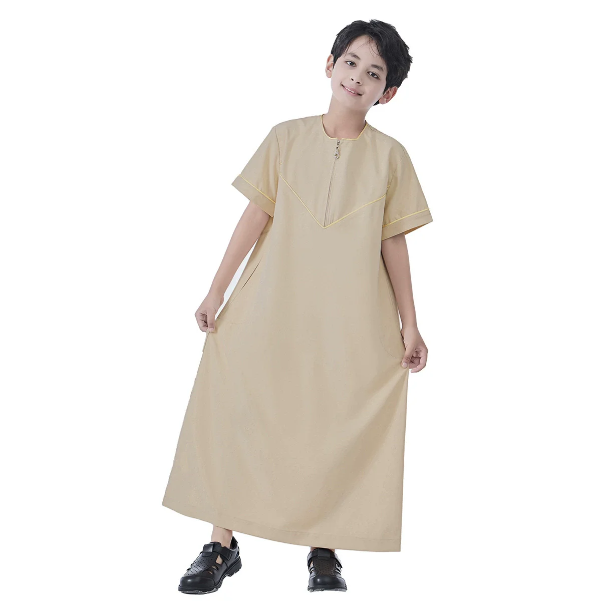 Ramadan Ragazzi Jubba Thobe Moda musulmana Abaya Medio Oriente Arabo Caftano Manica corta Abito Dubai Abbigliamento islamico Bambino Abito lungo