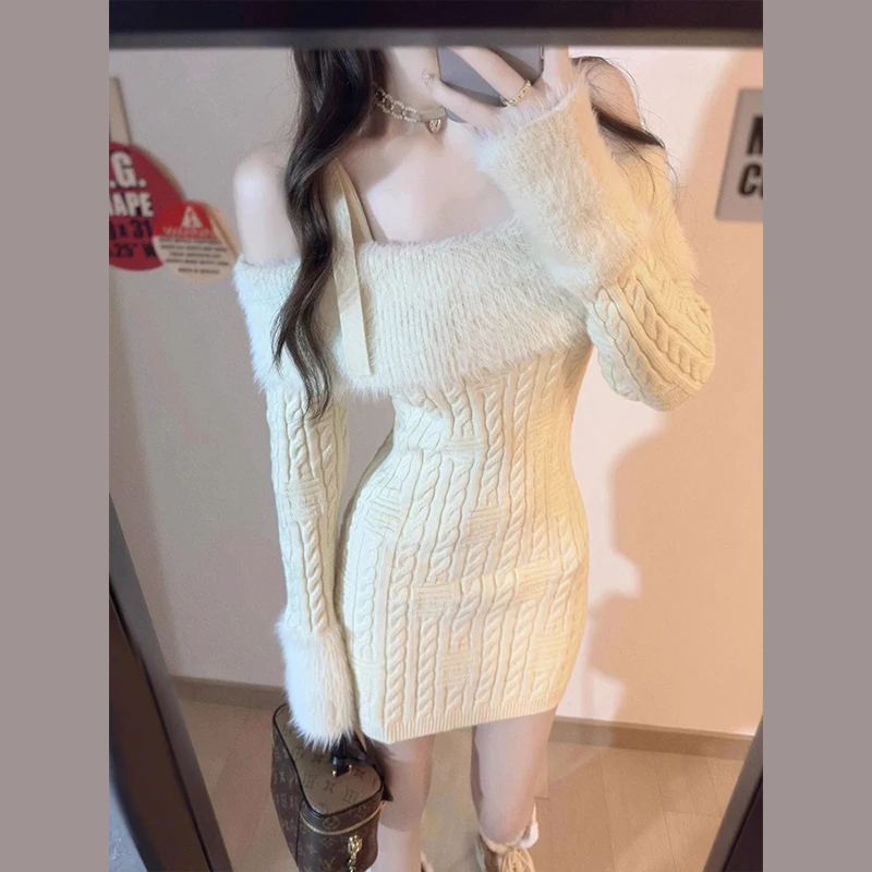 مثير فتاة حار واحد الكتف Y2k محبوك اللباس الخريف الشتاء الحلو الخصر طويلة الأكمام ضئيلة ملفوفة فساتين سترة قصيرة #1