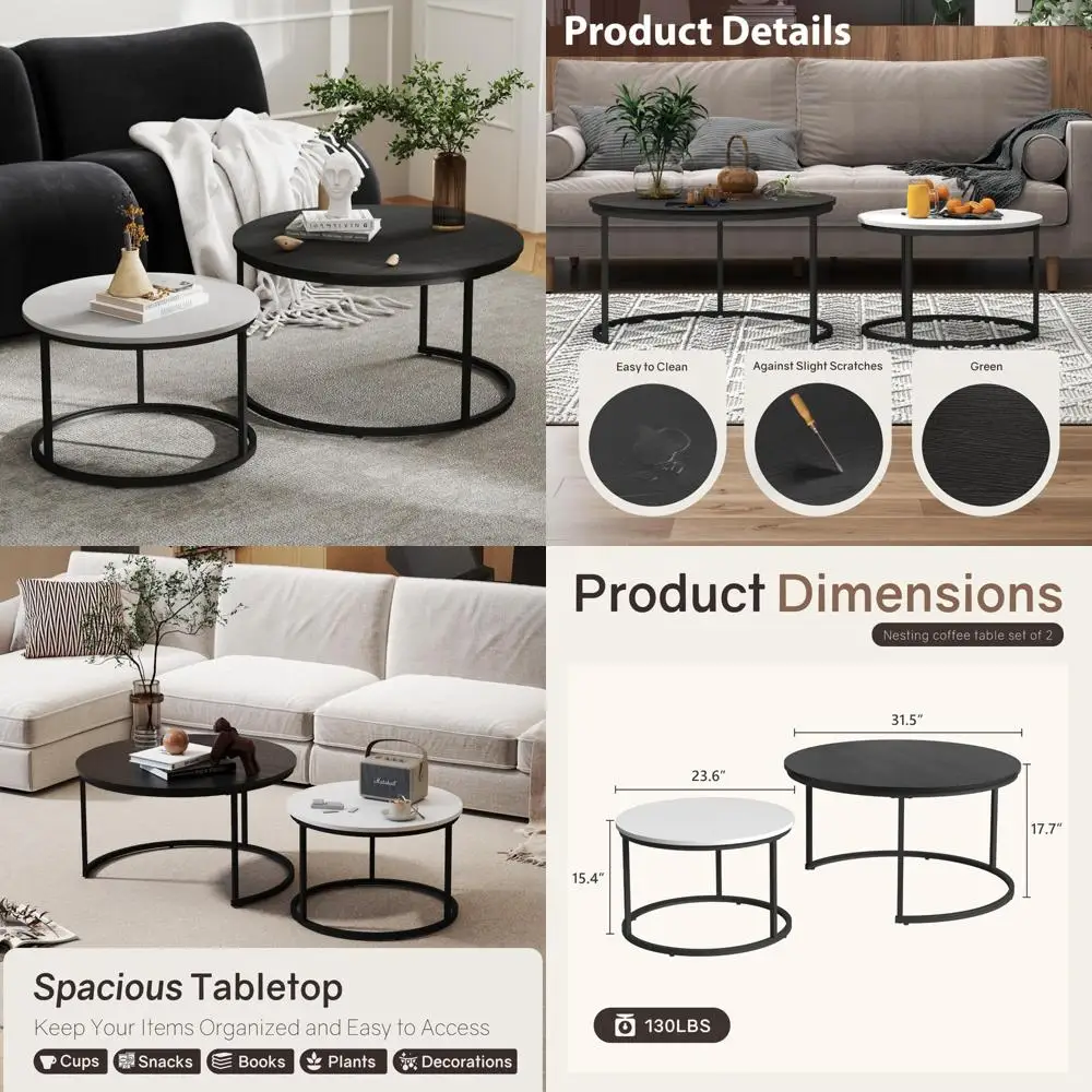 Pair of 31.5 Round Nesting Coffee Tables with Wood Grain Finish and Adjustable Non-Slip Feet