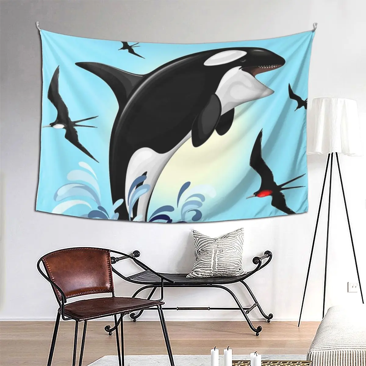

Orca Killer Whale Jumping Out The Ocean Tapestry Art Wall Hanging Aesthetic Home Decor Tapestries for Living Room Bedroom Dorm