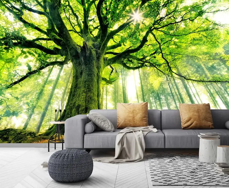 Green Forest Wallpaper Nature Big Tree Landscape Removable Peel and Stick Self Adhesive Wall Mural Reusable Fabric Wallpaper Mod