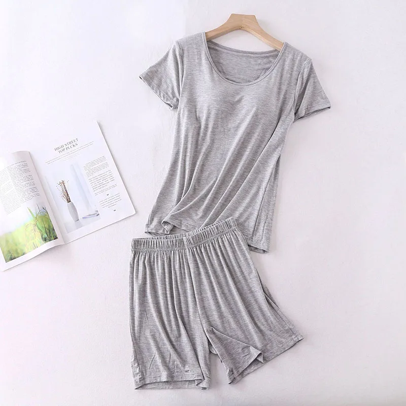 Sanderala Modal Pajamas Sets Sexy Women Padded Top Long Sleeve O-neck T-Shirt All Match Tee Long Johns Bra-T Homewear Striped