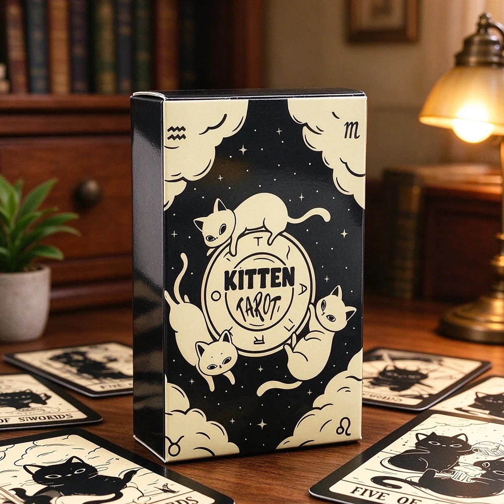 Kitten Tarot Deck 78‑Cards Cute Black‑White Kitten Art Tarot Cards Divination Fortune Telling Board Game for Beginner Cat Lovers