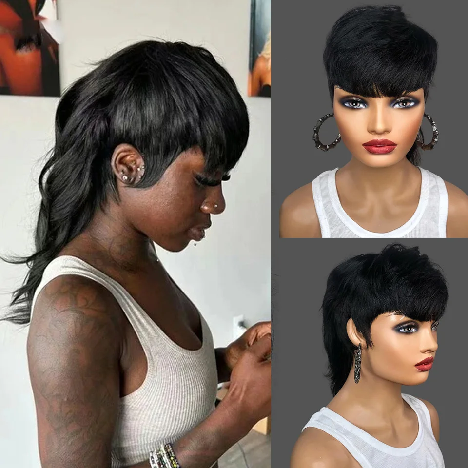 150 Density Straight Short Pixie Cut Remy Human Brazilian Hair Wigs Wear And  Full Machine Made Wig With Bangs