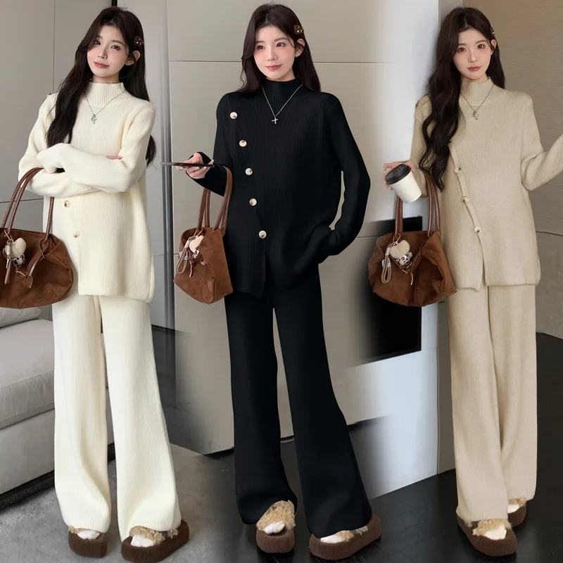 

Maternity Suit 2026 New Style Elegant Temperament Turtleneck Sweater And Wide Leg Pants Two Piece Set For Pregnant Women