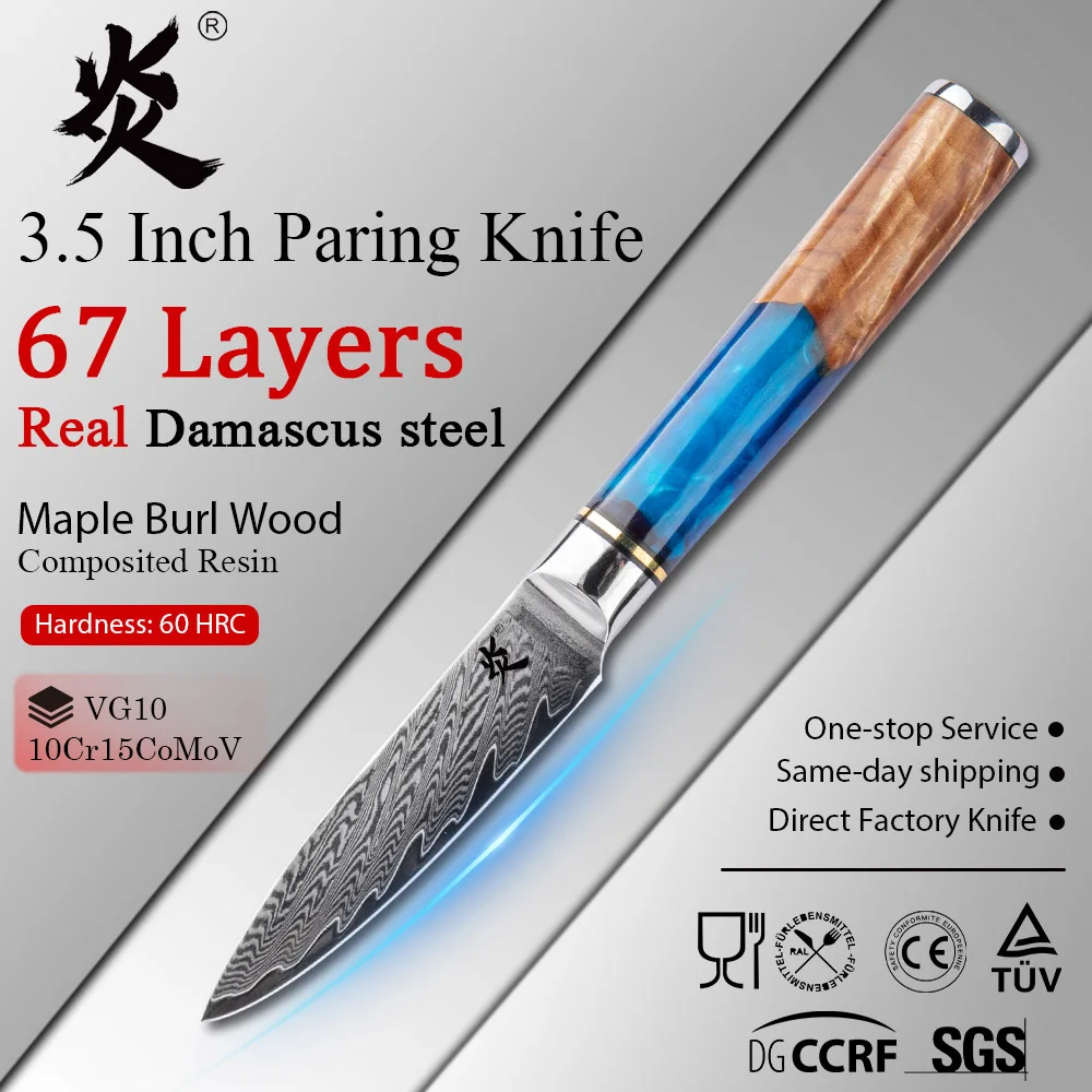 YAN 3.5 Inch Japanese Damascus Chef Knife 67 Layers VG10 10Cr15CoMoV Steel Core Paring Knife Resin Blue Maple Burl Handle