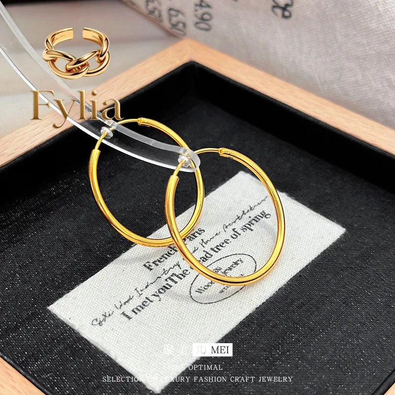 Fylia Jewelry   Simple 24K real gold earrings glossy circle exaggerated jewelry 9999 personality cold wind earrings earrings