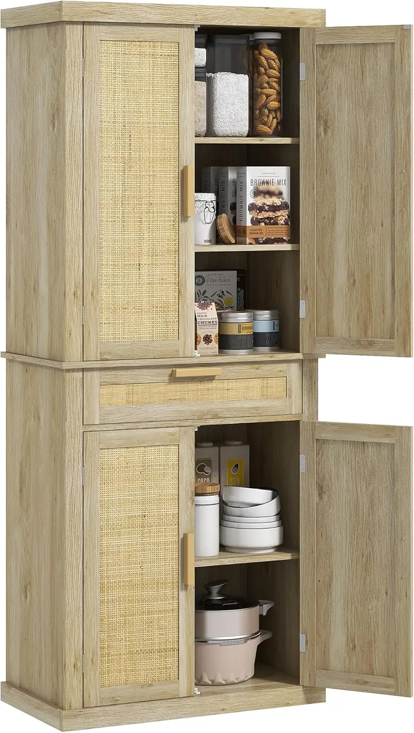 72" Tall Kitchen Pantry Storage Cabinet, Rattan Freestanding Kitchen Cabinet with 4 Doors, Drawer, 5-Tier Shelf and Adjustable