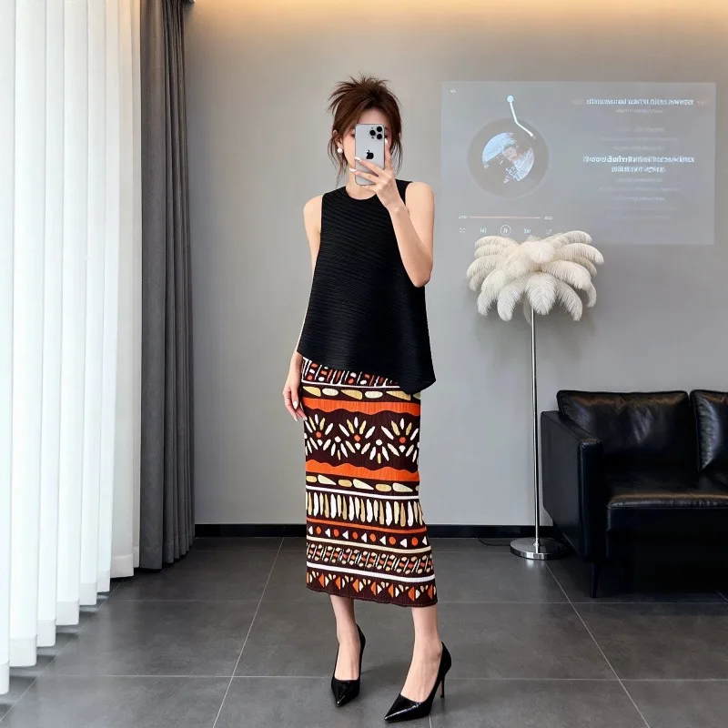 Miyake Pleated 2026 New Original Skirt Women Casual Retro Comfortable Bohemian Totem Print High Waist Mid-Length Fashion Pleat