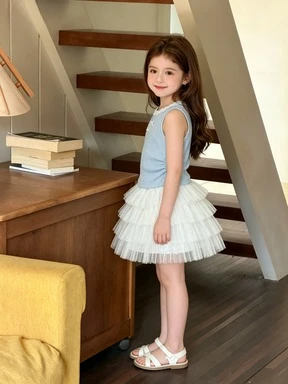 Girls' College Style Set Summer New Girl's Treasure Lace Collar Vest Mesh Cake Skirt Two Piece Set