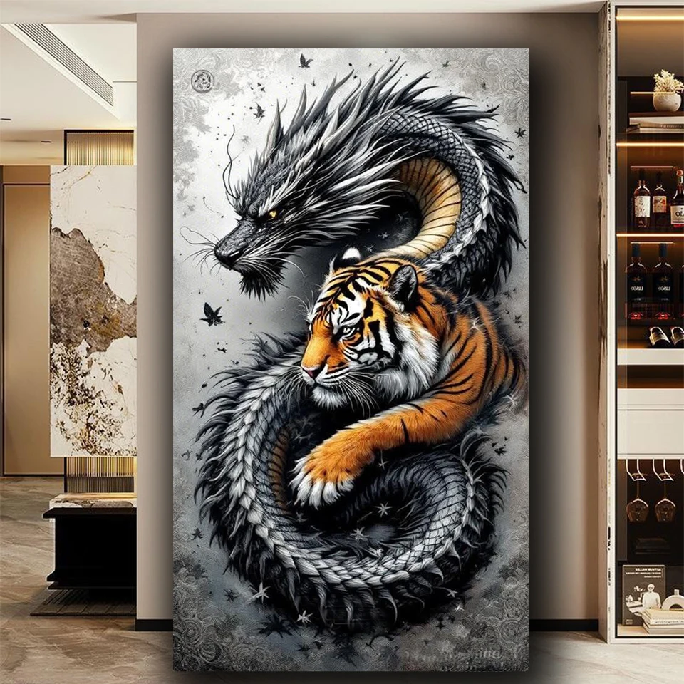 

5d Diy diamond painting dragon With Tiger ,full square round Diamond embroidery puzzle mosaic New 2025 animal Home decor,