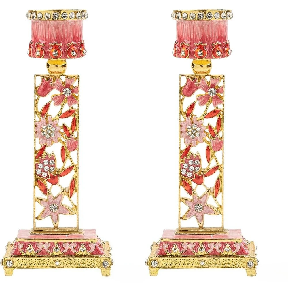 

Набор расписанных вручную позолоченных свечников из олова для шаббата, высокие винтажные с гранатами и цветами, красный декор для еврейских праздников