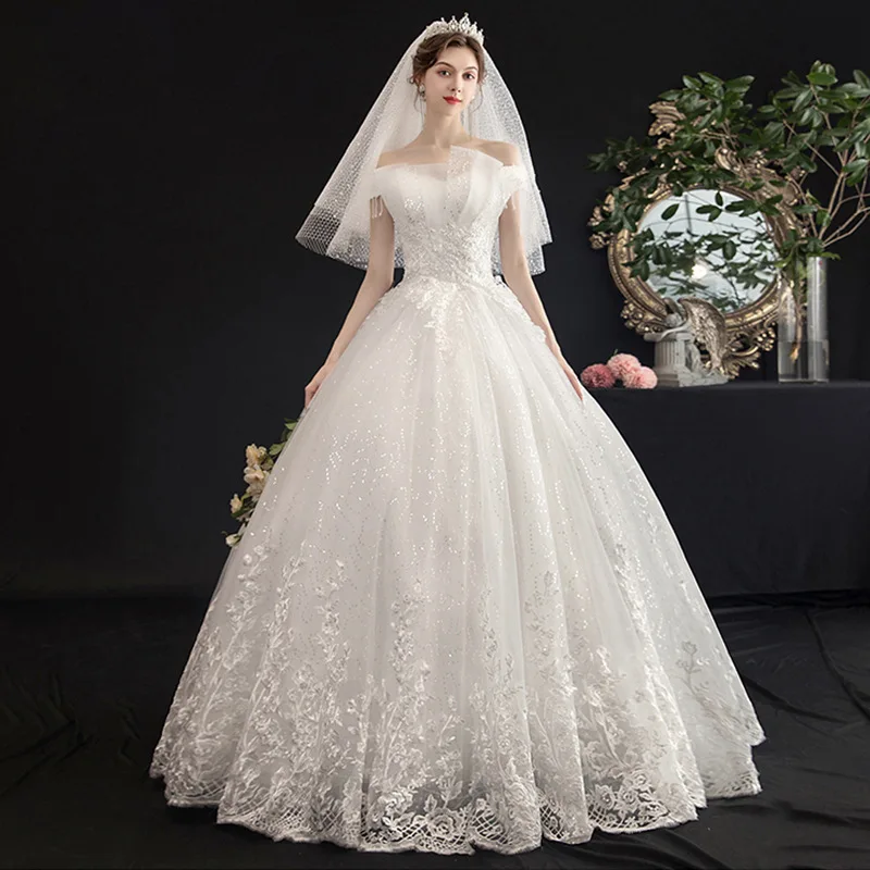 

Customized Wedding dress bride one-word shoulder princess wedding dresses ball gowns plus size embroidery dresses