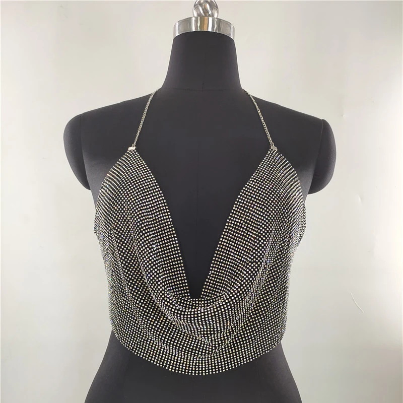 Frauen Sexy Glänzenden Strass Tank Top Tiefem V-ausschnitt Neckholder Metall Körper Kette Crop Top Hemd für Nachtclub Party Rave Outfits 2025 – Detail 9