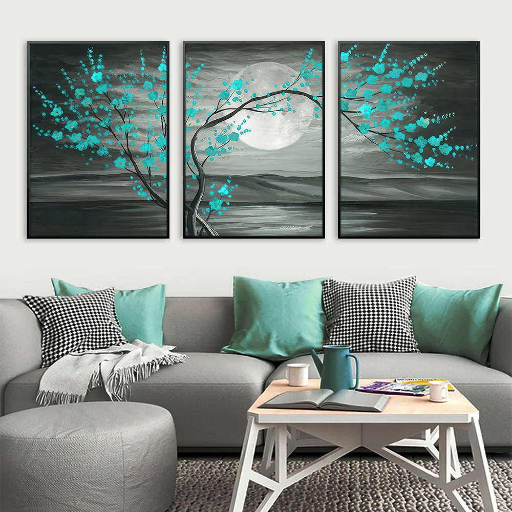 3pcs Plum Blossom Tree Canvas Art Set - Landscape Theme Oil Painting Prints, Traditional Flower and Full Moon Wall Decor - Fo