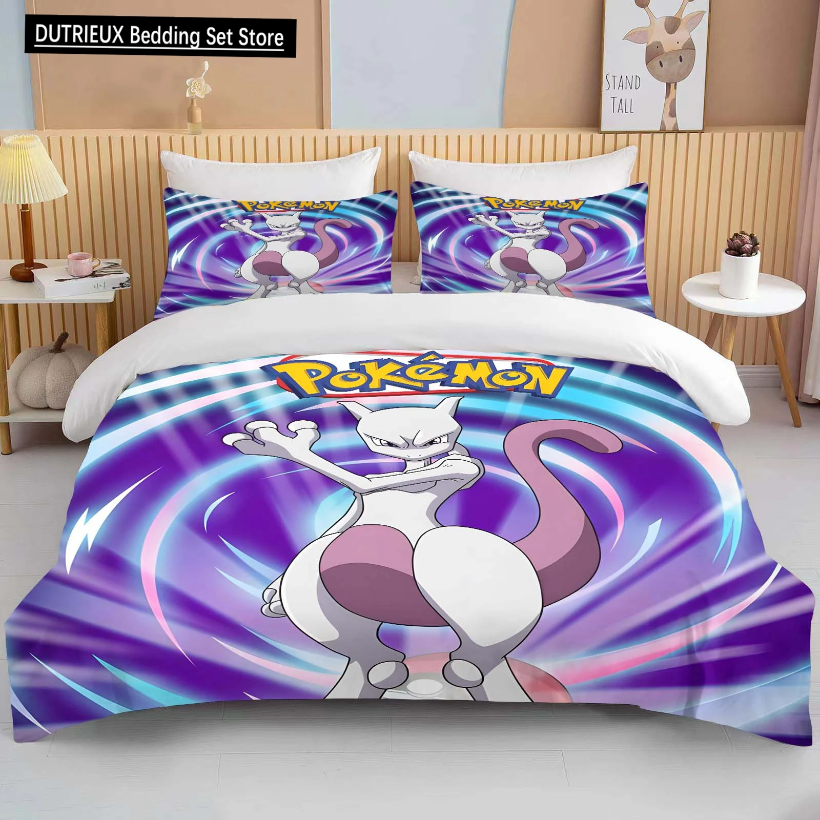 

10 Sizes Pokemon Mewtwo Printed Bedding Set Cartoon Anime Duvet Cover Comforter Pillowcase Boys Girls Children Adults King Gift