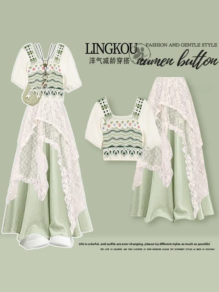 

Богемный кружевной топ с коротким рукавом, брюки с высокой талией и широкими штанинами, комплект из трех предметов, женская летняя модная повседневная одежда с эффектом омоложения