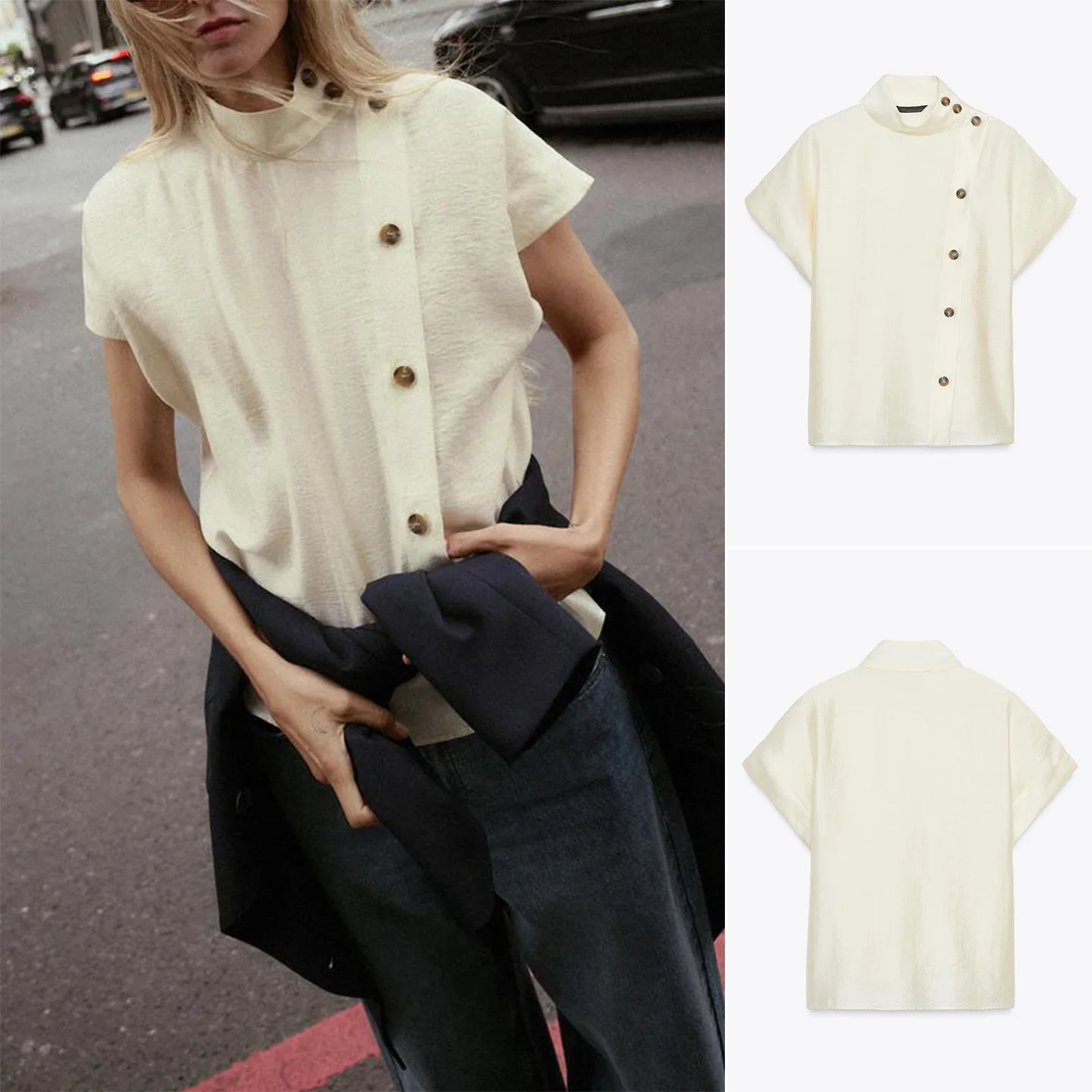 

Женская блузка с воротником-стойкой, драпировкой на плечах, цветовыми блоками и декоративными пуговицами, осенняя коллекция 2025