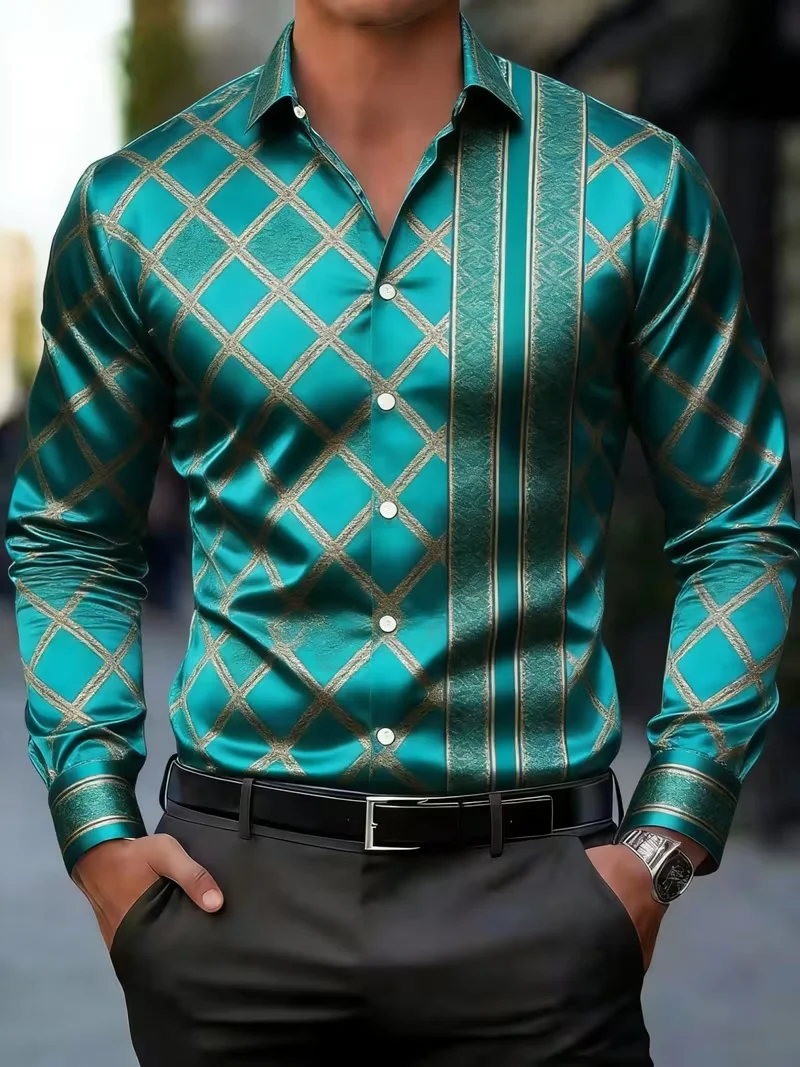 New plaid shirt satin lake green gold-plated diamond patterned vertical stripe artistic men's long sleeved shirt