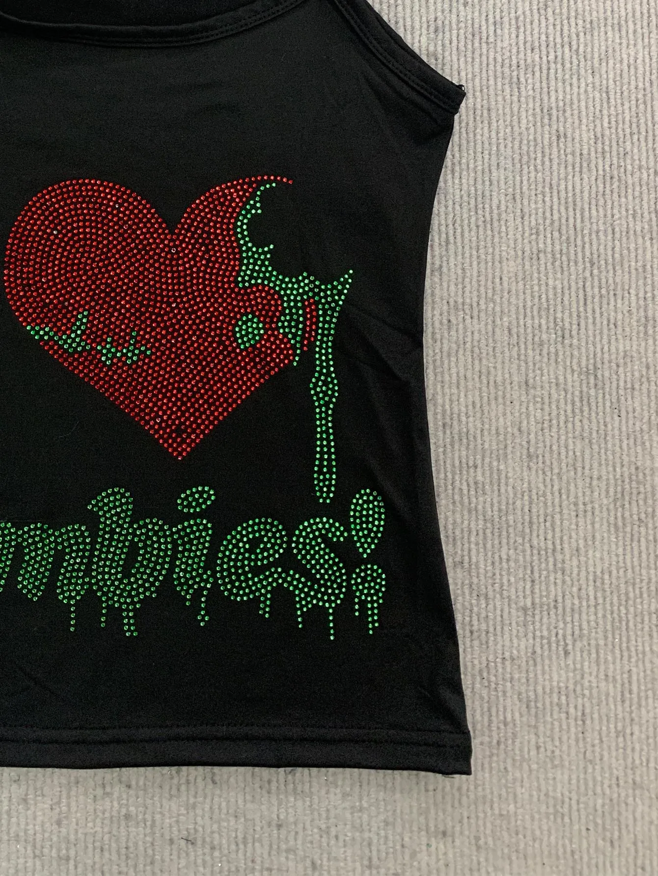 Black Thin Strap Cami Top Halloween Zombie Heart Red Green Rhinestone Print Slim Y2K Crop Tank