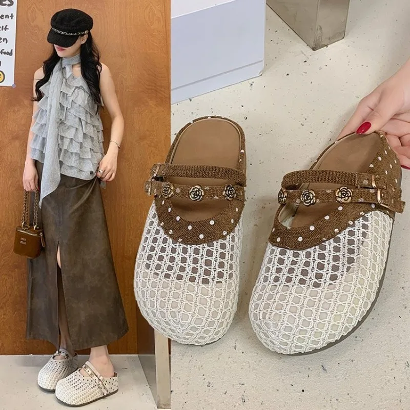 Women Mesh Polka DotCamellia Mary Jane Mules,Retro Buckle Closed ToeSlippers,Thick Sole Slip‑on Casual Summer Beach LadiesSlides