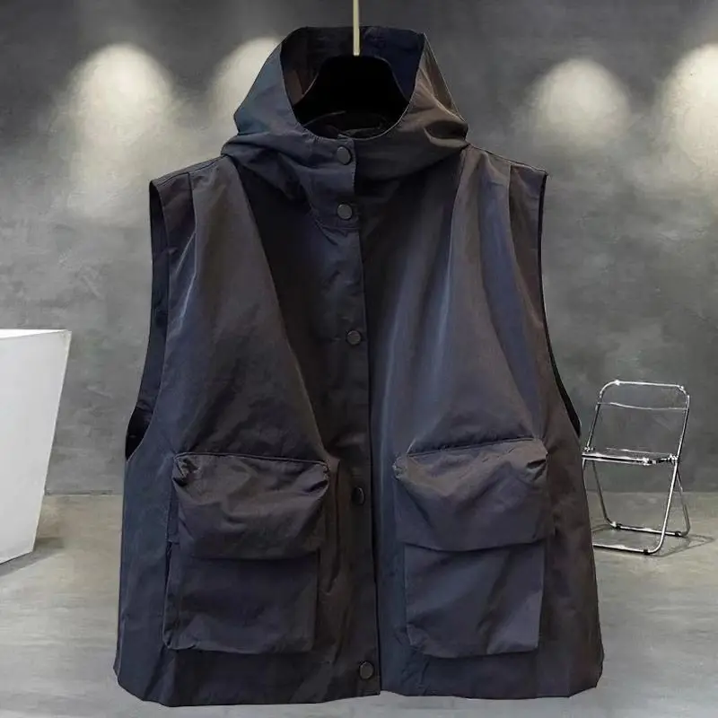 Couple Style Solid Color Hooded Vest Men Autumn Korean Fashion Workwear Pockets Outerwear Sleeveless Jacket Loose Streetwear
