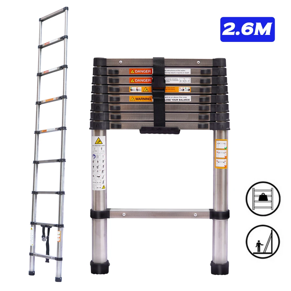 Escalera telescópica de 2,6 m, escalera telescópica multiusos, escalera extensible con base antideslizante, escalera de aluminio para áticos.