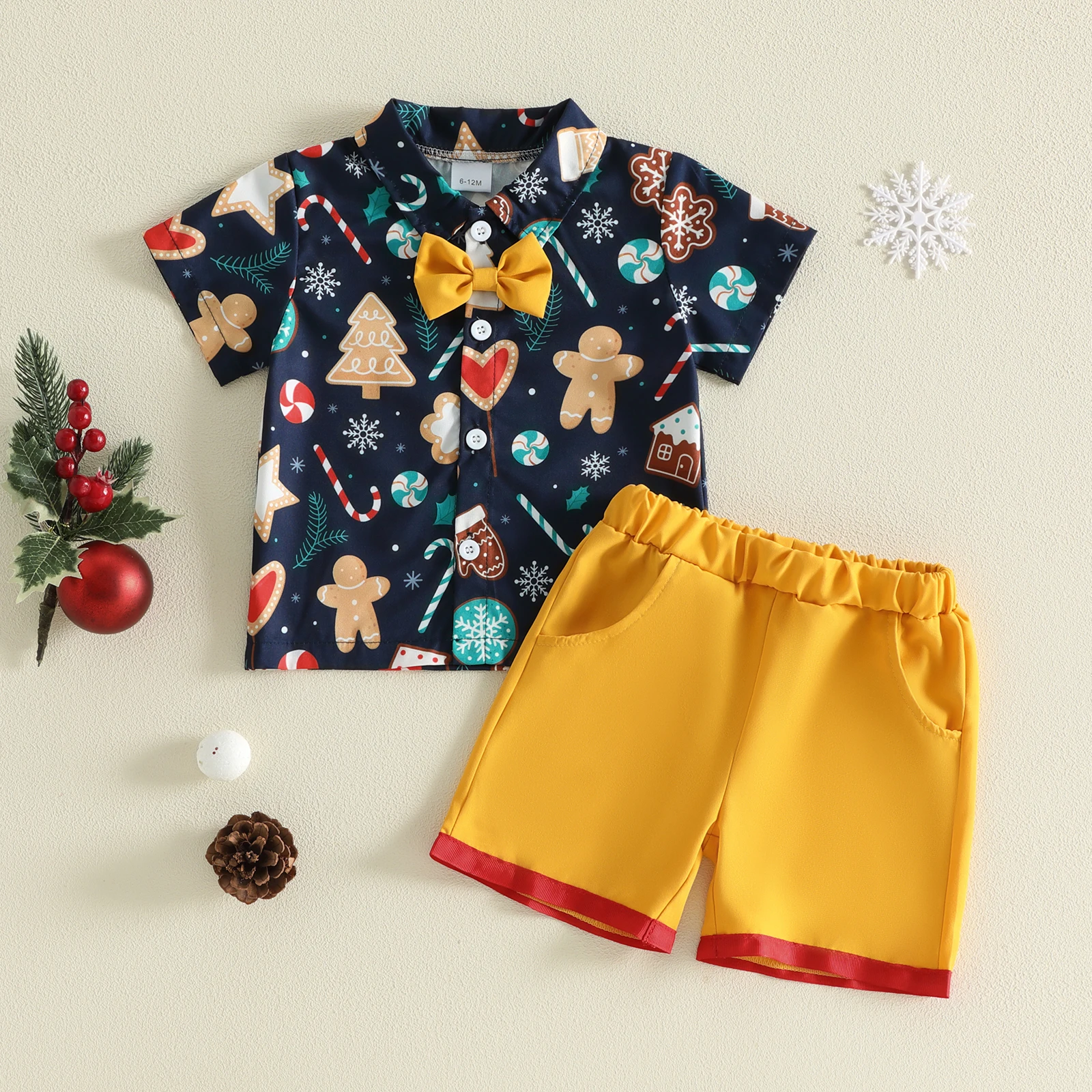 Toddler Baby Boy Christmas Outfit Striped/Snowflake Button Down Collared Short Sleeve Shirt and Shorts 2 Pcs Set