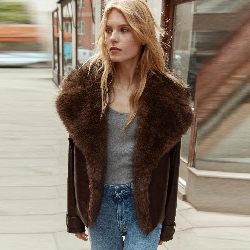 

Stylish Elegant Plush Leather Jacket Faux Fur Patchwork Belt Retro Soft Cozy Short Outerwear Fall Winter Women Party Streetwear
