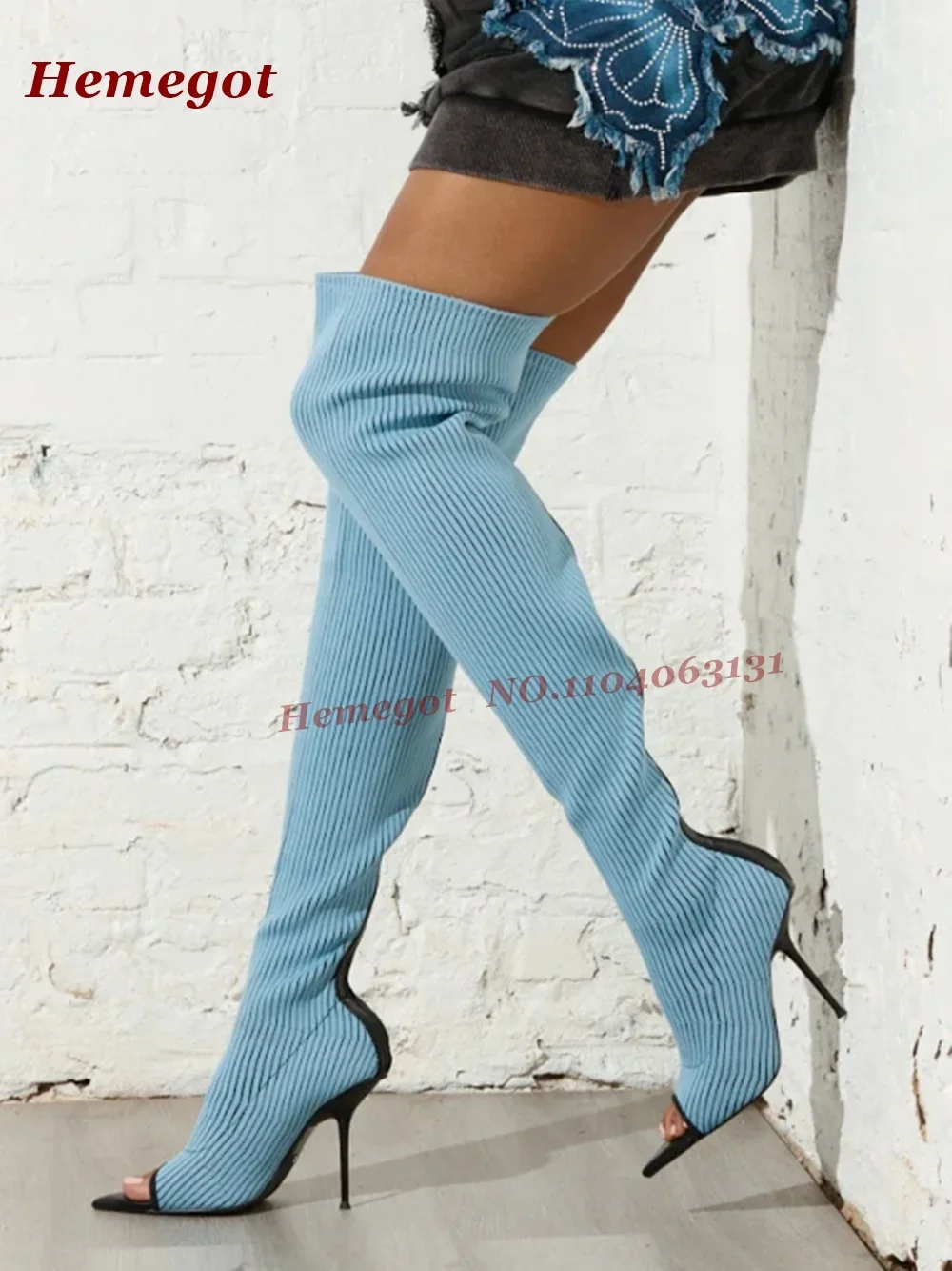 Knit Denim Blue Stiletto Sandal Boots Open Toe Splicing Slip On Women's Over The Knee Boots Summer Autumn 2025 New Casual Shoes