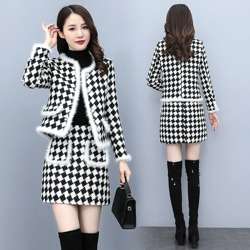 

Luxury Women Winter Autumn 2 Piece Set Tweed Plaid Coat O Collar Long Sleeve Splicing mink fur+High Waist Short Pants Suits