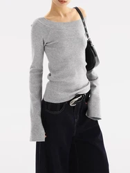 Off Shoulder Sweater Women Autumn Winter Korean Fashion Solid Long Sleeve Knitted Pullovers Casual Elegant Chic Slim Fit Top