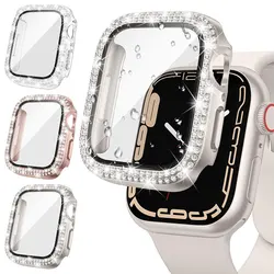 Diamond Cover For Apple watch Case 45mm 41mm 44mm 40mm Tempered Glass+Bling Bumper Screen Protector iWatch series 9 8 7 6 5 4 SE