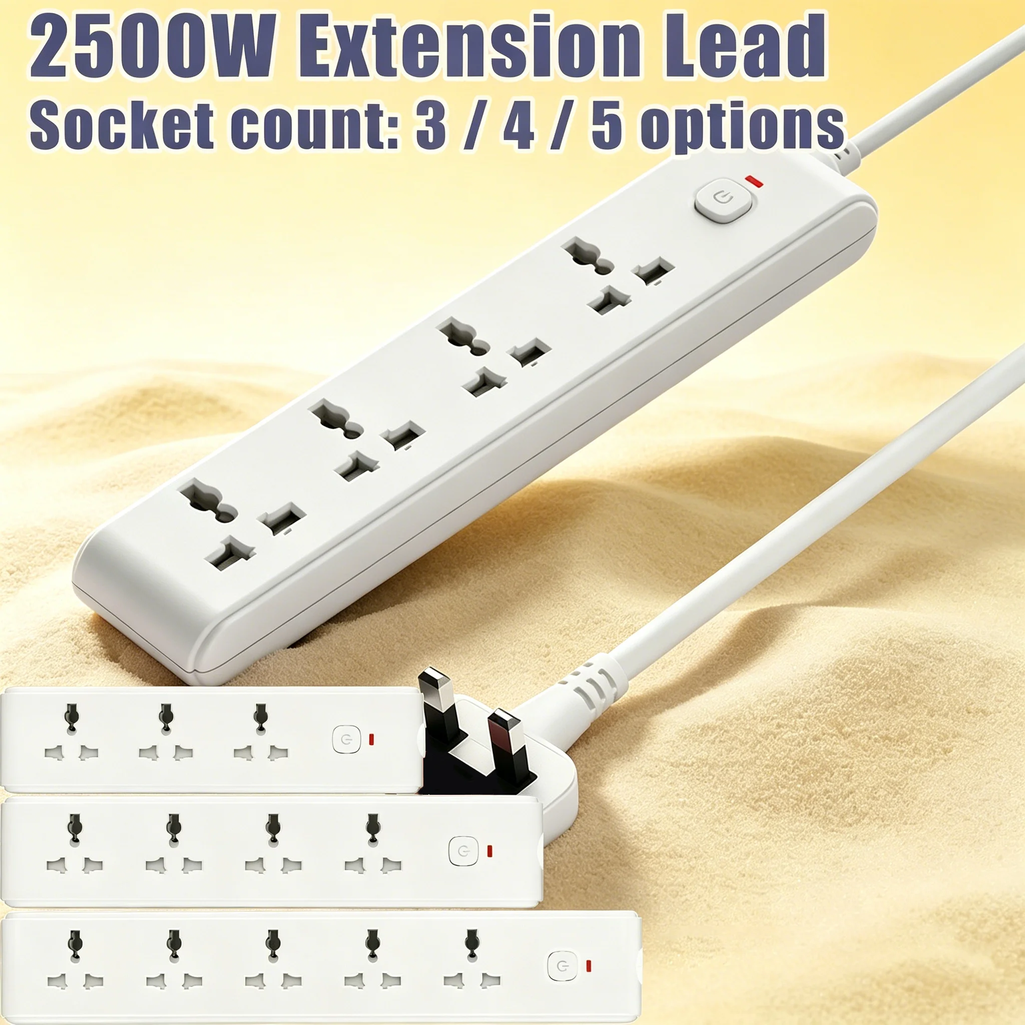 

1.8m Extension Lead, 3/4/5 Way Power Strip with Switch, 2500W Max Load, Multi Plug Socket for Home Office Desk