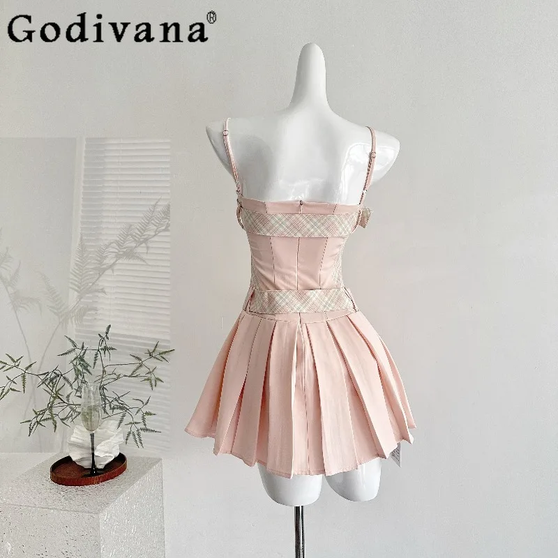 Abito da donna dolce e fresco stile puro desiderio primaverile a vita alta con linea a trapezio abito corto con cinturino rosa abito estivo femminile carino Lolita