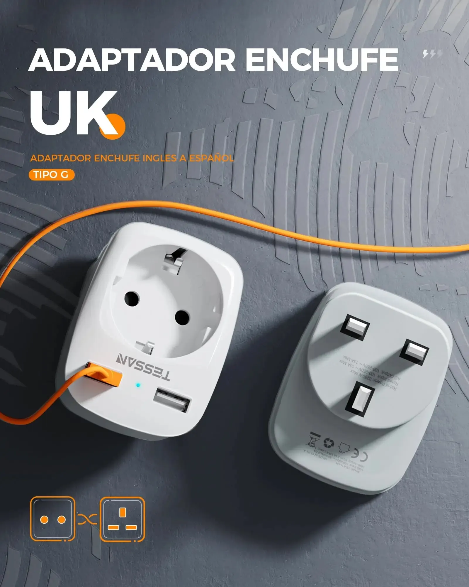 TESSAN europejski do Wielkiej Brytanii Adapter podróżny przenośna ściana przedłużacz gniazda z 1 gniazdem + 2 porty USB typ G wtyczka England