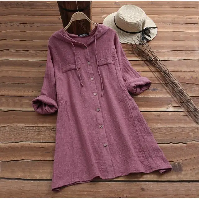 

Cotton Linen Women's Long Hooded irt Comfortable Breathable Casual Sle Polyester Fiber Long Sve Commute Faion