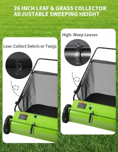 26 Inch Push Lawn Sweeper with 4 Spinning Brushes, 7 Cu.ft Large Capacity Leaf Collector, Adjustable Height Grass Sweeper, All