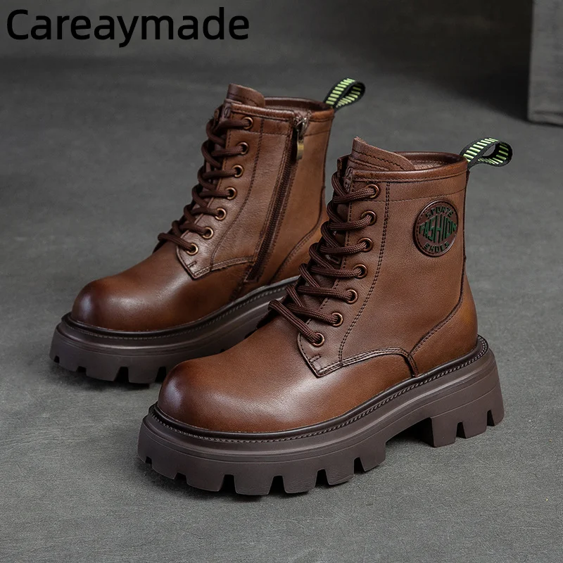 Careaymade-Handmade Genuine Leather Cotton Shoes,Thick Sole High Top Colored Design Lightweight Comfortable Women's Boots