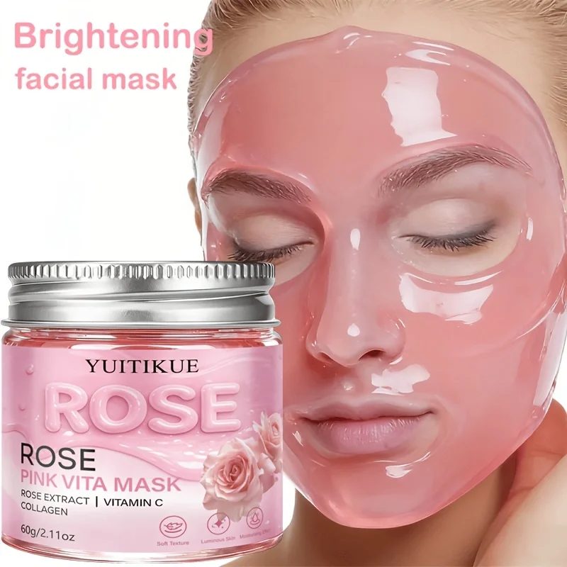 Masque éclaircissant à l'extrait de rose et à la vitamine C 60g YUITIKUE, hydratant profond infusé au collagène, pour un teint uniforme et éclatant