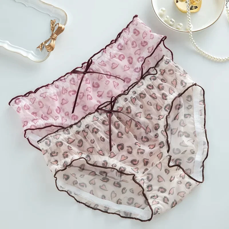 Women Mesh Briefs Heart‑Leopard Print Ruffle Trim Bow Decor Mid‑Rise Breathable Ladies PantiesSoft Lightweight Sheer Panties