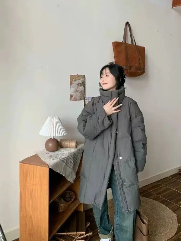 เสื้อแจ็คเก็ตผ้าฝ้ายสำหรับผู้หญิงไซส์ใหญ่ ทรงหลวม คอตั้ง ใส่สบาย อุ่นในฤดูหนาว สไตล์เกาหลี เรียบง่าย