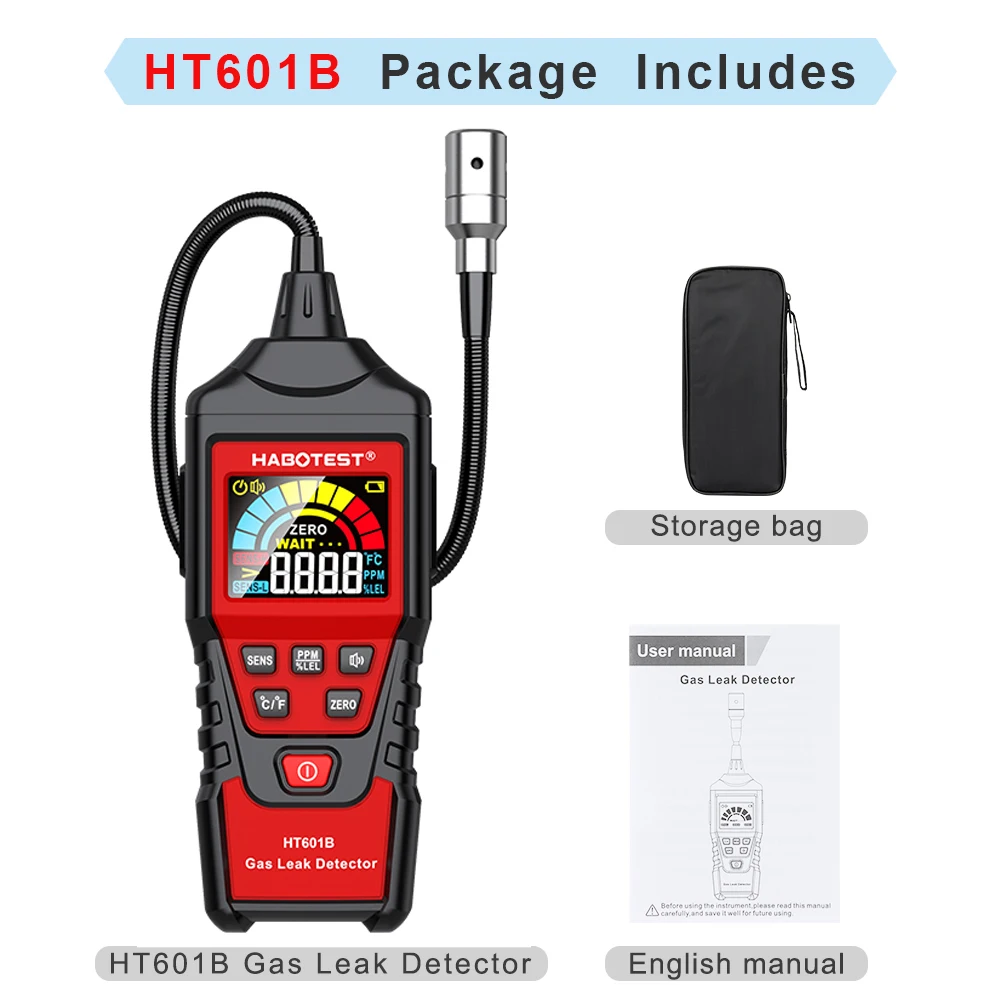 HABOTEST HT601B+PRO Gaslekdetector 0-9999PPM Flexibele sonde Snelle respons Brandbaar Natuurlijk methaangasdetector