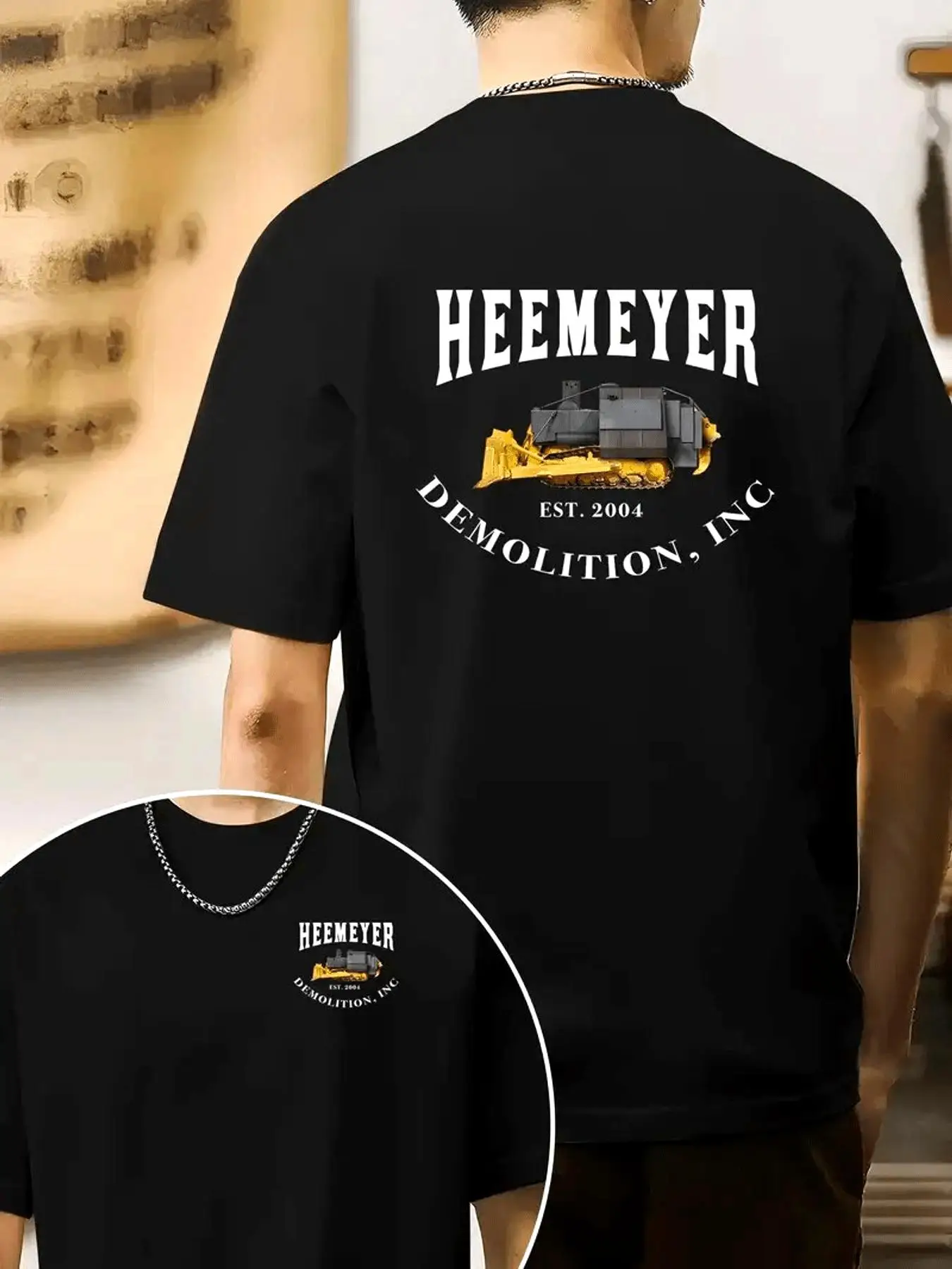 HEEMEYER DEMOLITION INC FOUNDED IN 2004 Bulldozer Design T-Shirt Black Casual Tee Short Sleeves Suitable for Indoor Outdoor Use