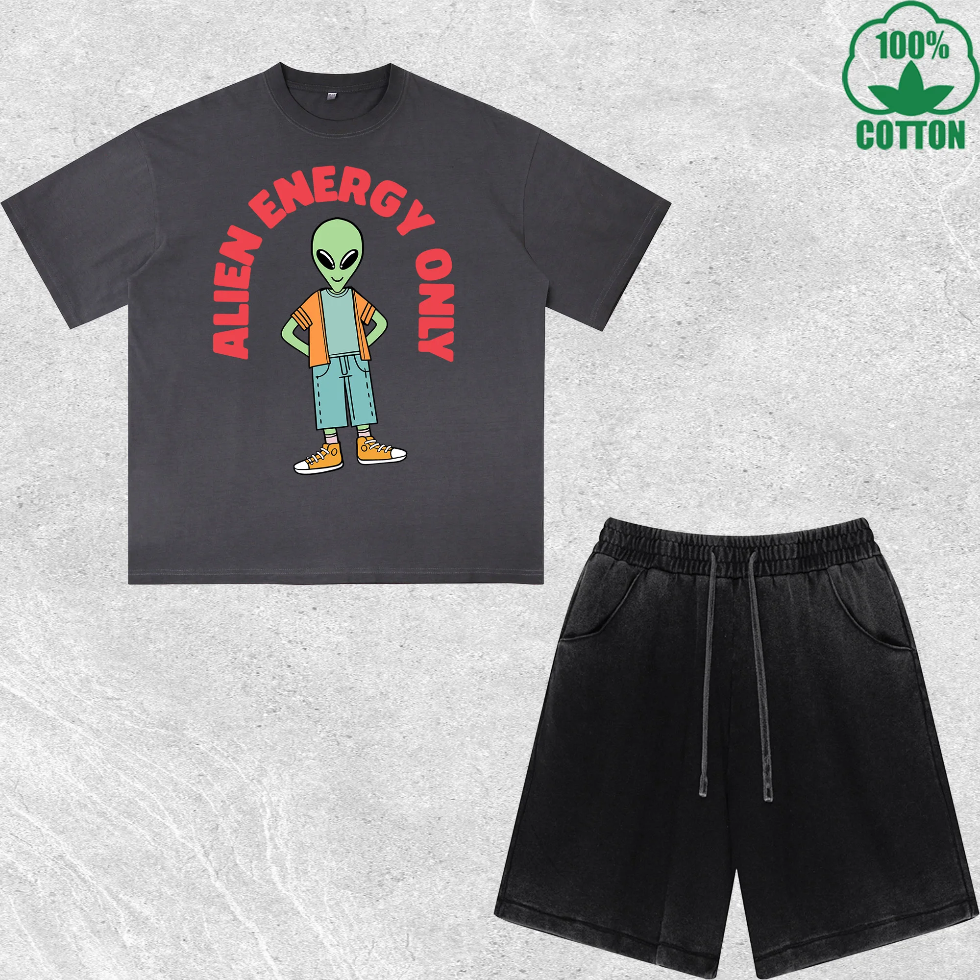 

Alien Energy Only Printed Dirty Wash T-Shirt Shorts Set Multicolor Combo Loose Trendy Fashionable 100%Cotton