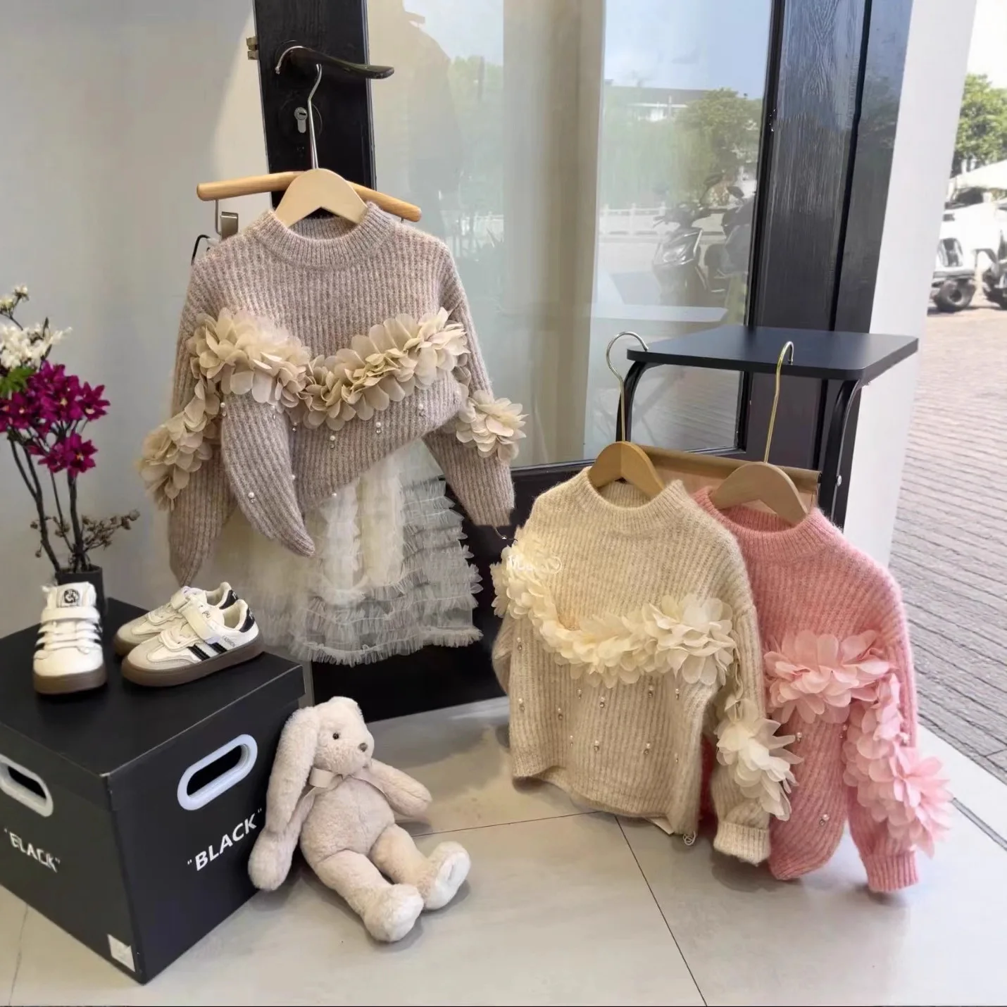 2025 الفتيات الخريف/الشتاء جديد زهرة الصناعة الثقيلة محبوك سترة مزاجه الأميرة نمط لينة لزجة تنوعا سترة #4