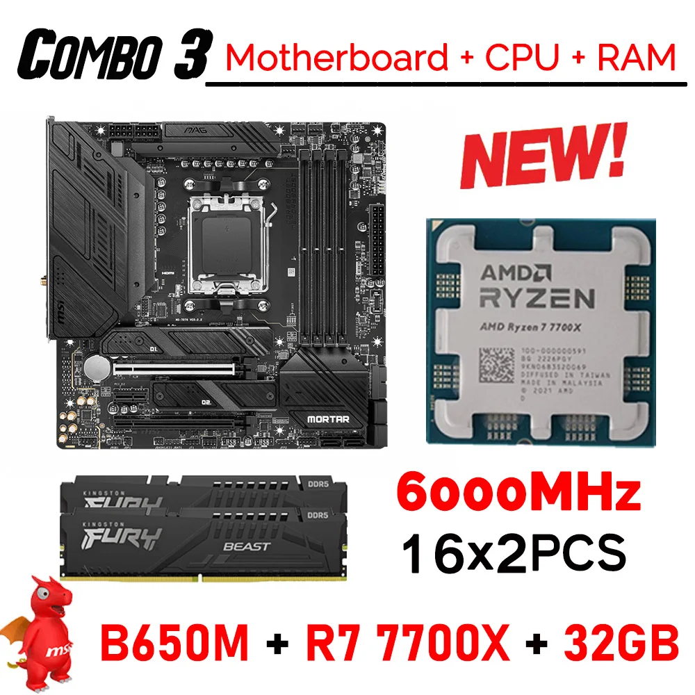 AMD B650 Motherboard Combo R7 7700X AM5 CPU AMD RYZEN 7 7700X Ryzen Kit MSI MAG B650M MORTAR WIFI DDR5 Memory 32GB Kingston RAM