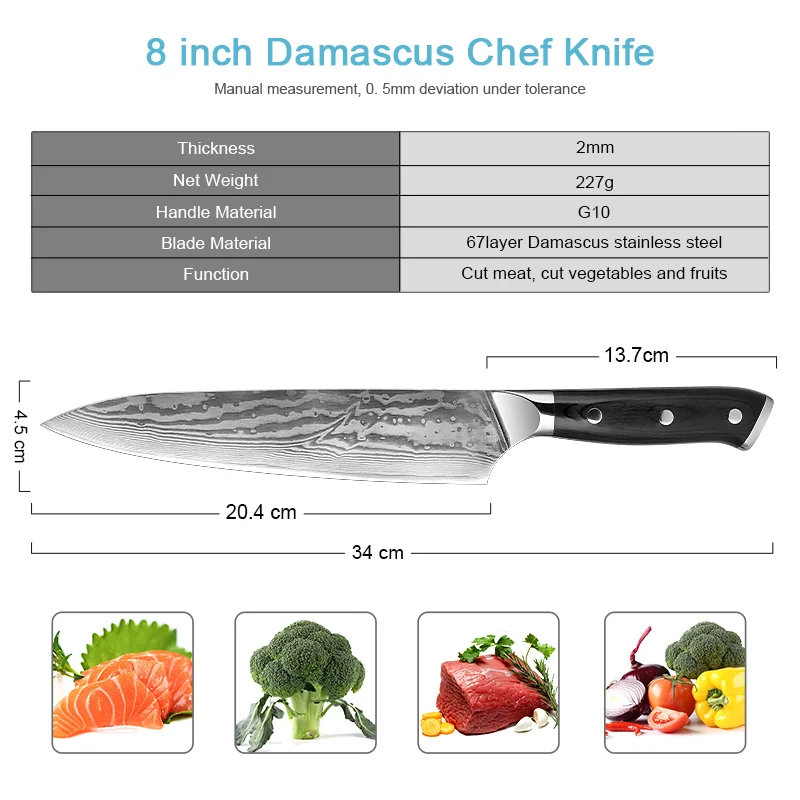 Clearance Promotion-Kitchen Knife Japanese Damascus Steel 8 Inch Chef Knives High Carbon Stainless Steel Gyuto Knife Black Wood