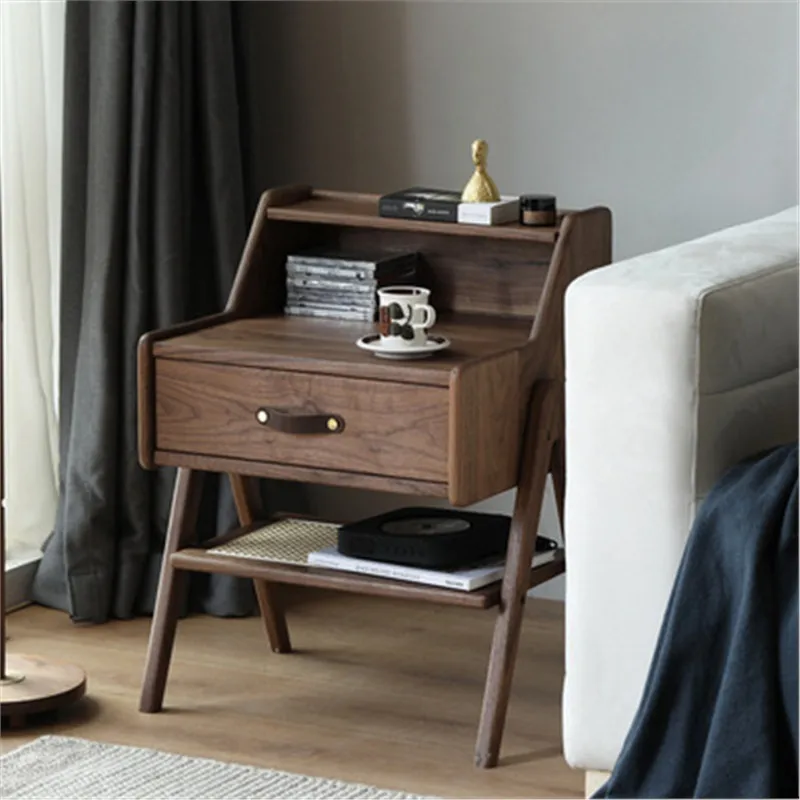 Nordic all solid wood bedroom bedside table black walnut double sofa side cabinet