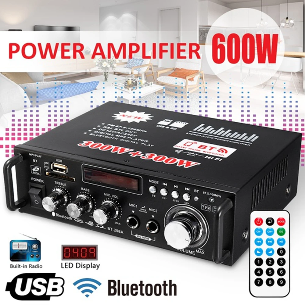 HIFI Bluetooth Amplifier 220V 600W Audio Stereo Power AMP USB FM Radio Car Home Theater with Remote Control EU